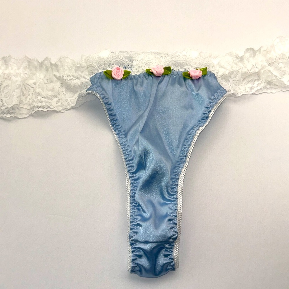 Coquette Girlie Blue Silky Satin Lace & Rosette Trim Feminine Thong Panties NWT - Picture 10 of 15